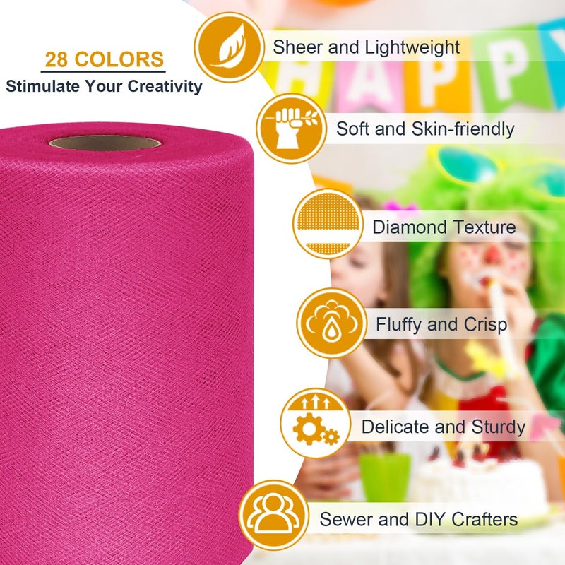 Ableme Deco Hot Pink Tulle Fabric Roll 6 Inch by 100 Yards (300 ft) Tulle Ribbon Mesh Netting for DIY Tutu Skirt Gift Wrapping Wedding Baby Shower Birthday Halloween Party Decorations Crafts, 34 Colors (Fuchsia) - Image 3